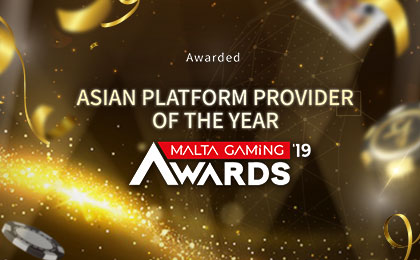 Graphic announcing the 'Asian Platform Provider of the Year' award at the Malta Gaming Awards 2019, with gold ribbons and casino elements.