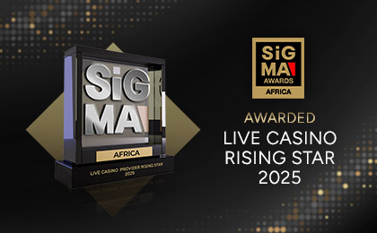 Image of an award trophy with the text 'Awarded Live Casino Rising Star 2025' and 'SiGMA Africa' prominently displayed