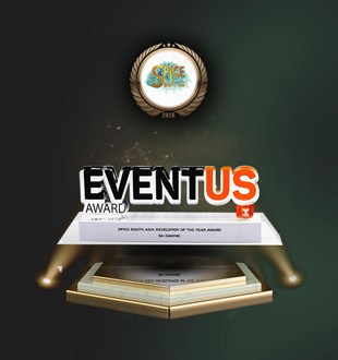 A glass trophy with the text 'EVENTUS AWARD', featuring SA Gaming as the winner of SPiCE South Asia Developer of the Year Award 2025.