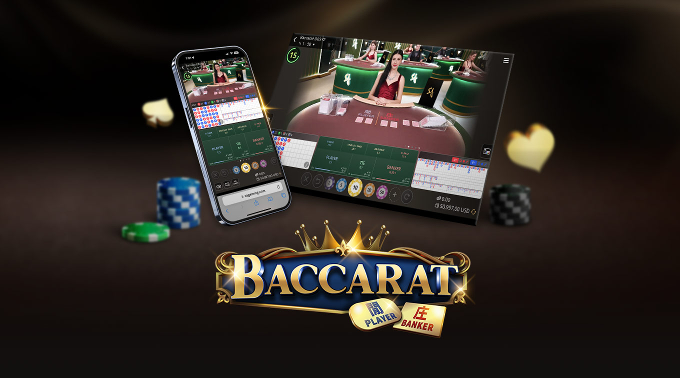 Visual showcasing an online Baccarat game interface, featuring a dealer and gaming tables, with a smartphone displaying the game. The word 'BACCARAT' is prominently featured at the bottom, along with 'PLAYER' and 'BANKER' labels.