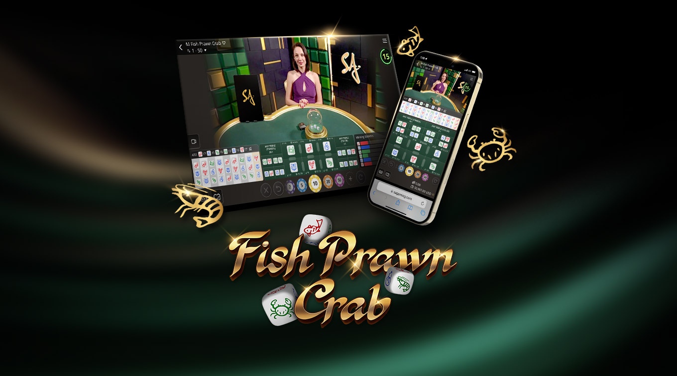 Fish Prawn Crab in Gold letters accompanied by desktop and mobile interface of the online casino game with live dealer.