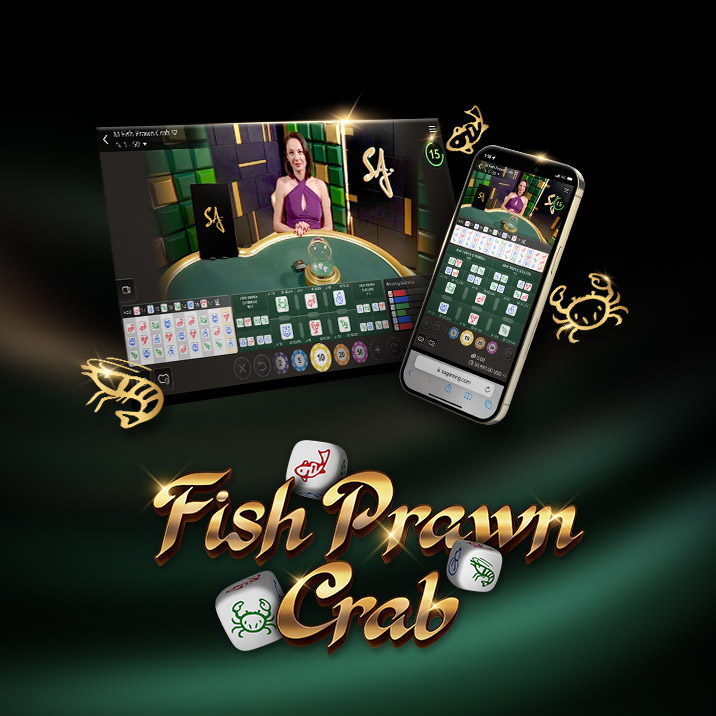 Fish Prawn Crab in Gold letters accompanied by desktop and mobile interface of the online casino game with live dealer.