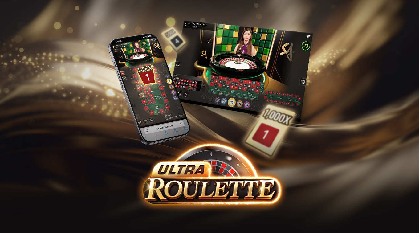 Online Ultra Roulette casino game by SA Gaming showcasing desktop and mobile version, with stylized Ultra Roulette logo.