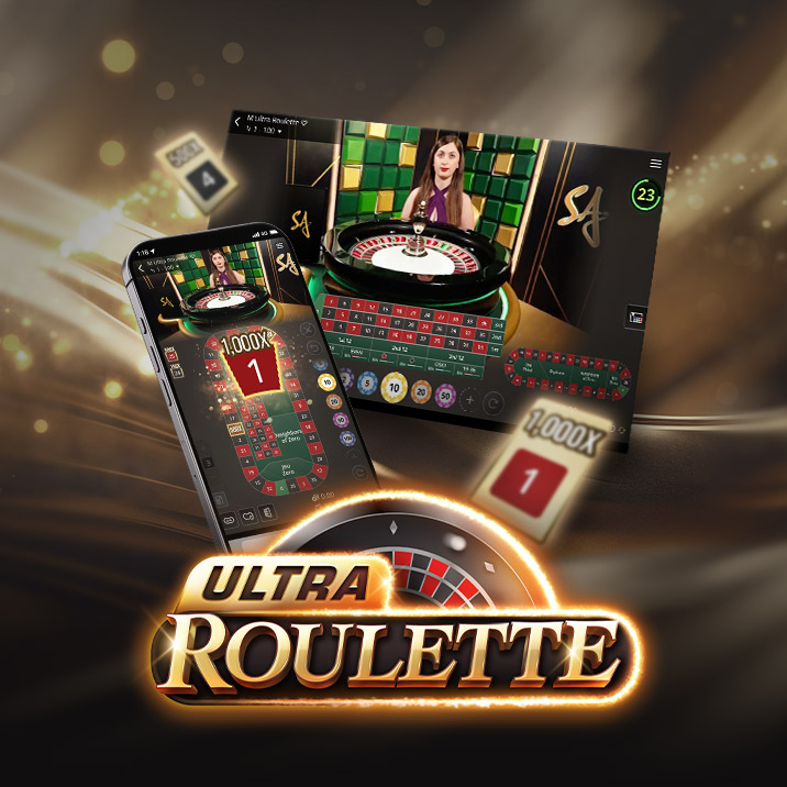 Online Ultra Roulette casino game by SA Gaming showcasing desktop and mobile version, with stylized Ultra Roulette logo.