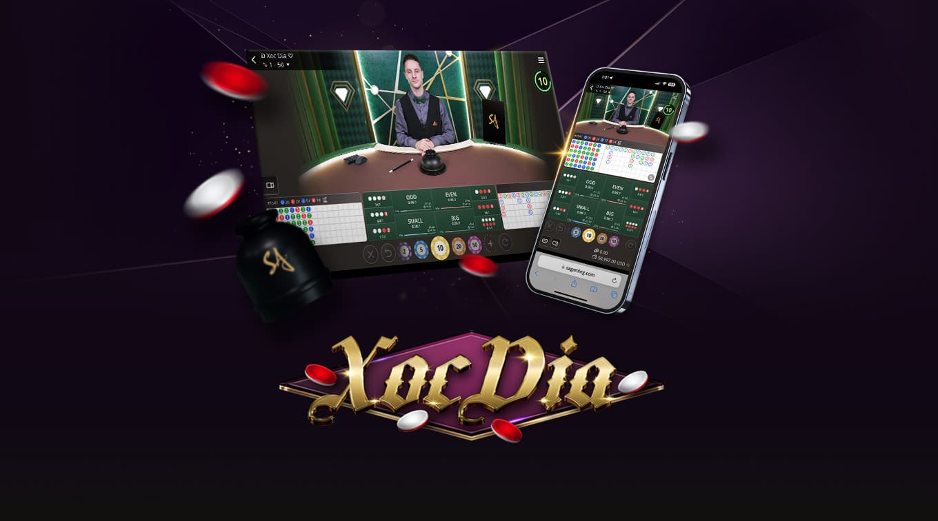 Image for an online Xoc Dia game featuring a dealer at a gaming table on the left and a mobile interface on the right. The text 'XOC DIA' is prominently displayed at the bottom, surrounded by colorful gaming chips and betting options.
