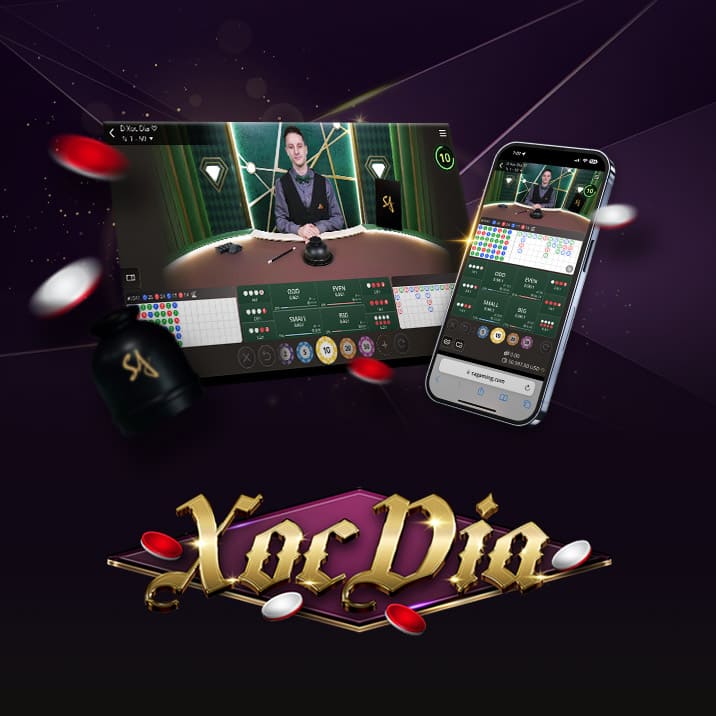 Image for an online Xoc Dia game featuring a dealer at a gaming table on the left and a mobile interface on the right. The text 'XOC DIA' is prominently displayed at the bottom, surrounded by colorful gaming chips and betting options.