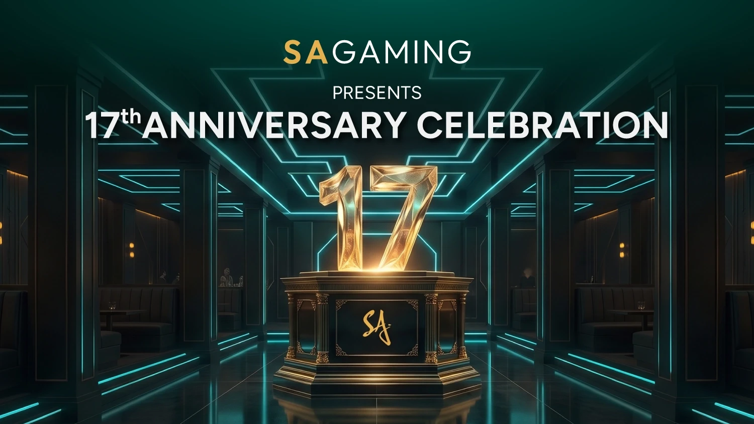Poster for SA Gaming's 17th Anniversary Celebration set in a luxurious, dark room with cyan neon accents and a central golden "17" statue on an ornate pedestal.