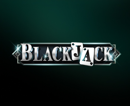 Stylized 'BLACKJACK' logo featuring metallic silver lettering, with two playing cards displaying the suit symbols, set against a dark green gradient background.