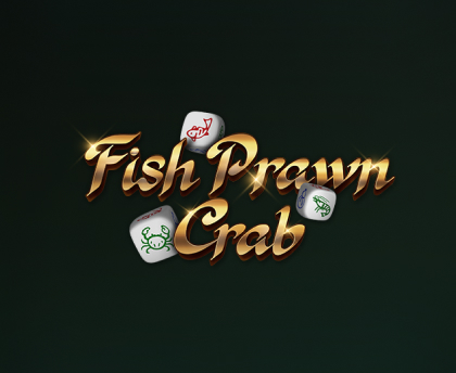 Logo for the online casino game Fish Prawn Crab, featuring three dice with colorful symbols of fish, prawn, and crab.