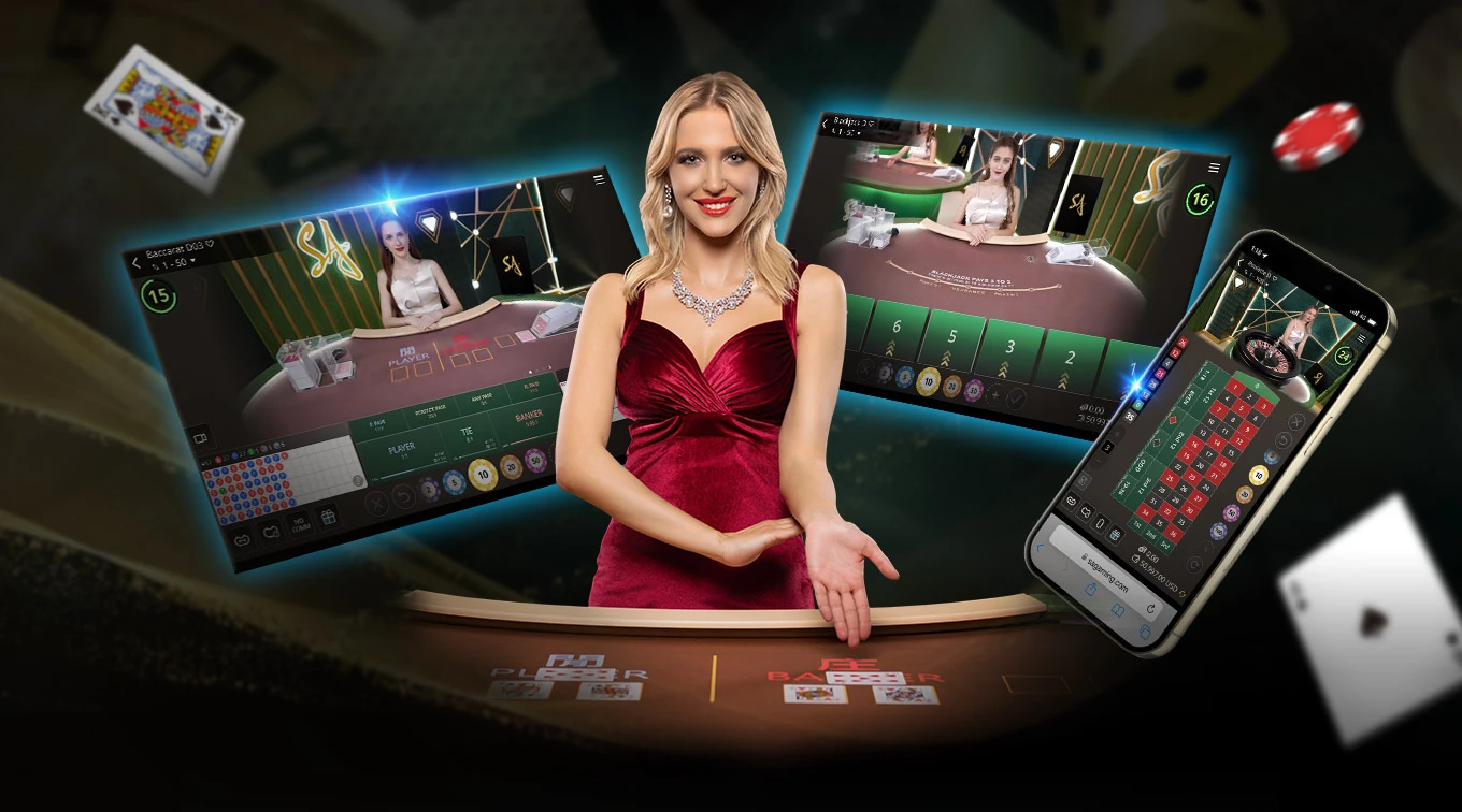 A graphic showcasing 'SA Gaming' with a woman in a red dress at the center. Surrounding her are two screens displaying online blackjack tables and a smartphone with game graphics. The background features a casino setting.