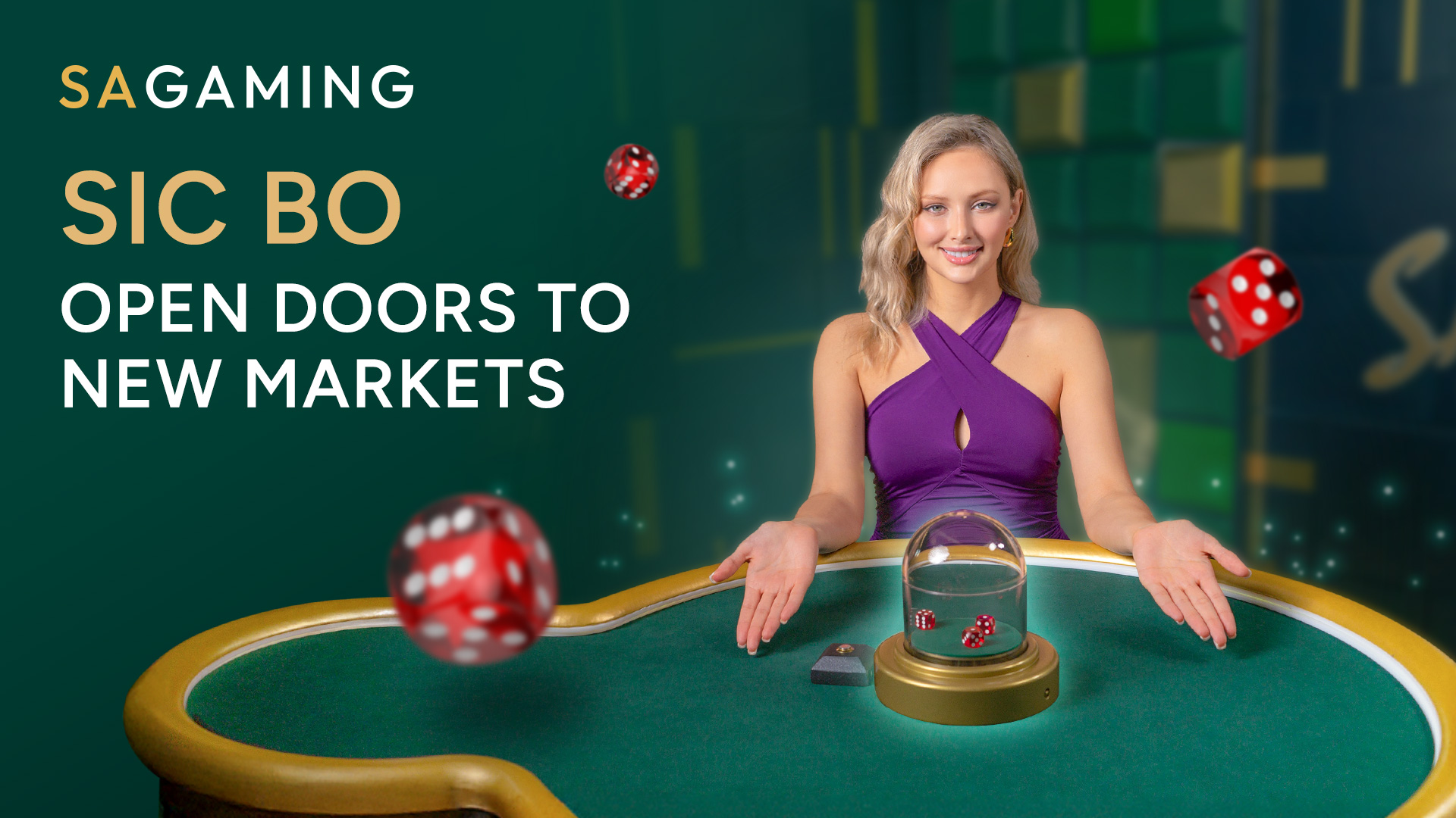 Female dealer presenting Sic Bo dice game, featuring the SA Gaming logo and texts relevant to Sic Bo opening new markets for casino operators.