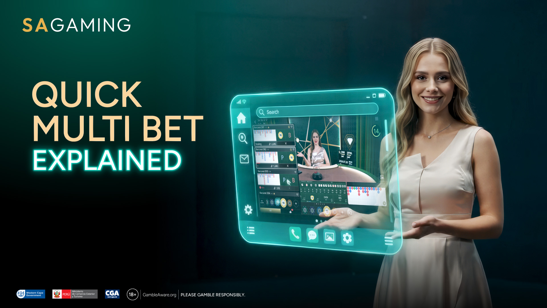 SA Gaming "Quick Multi-Bet Explained" feature graphic presenting a live dealer next to a digital screen interface displaying game UI.
