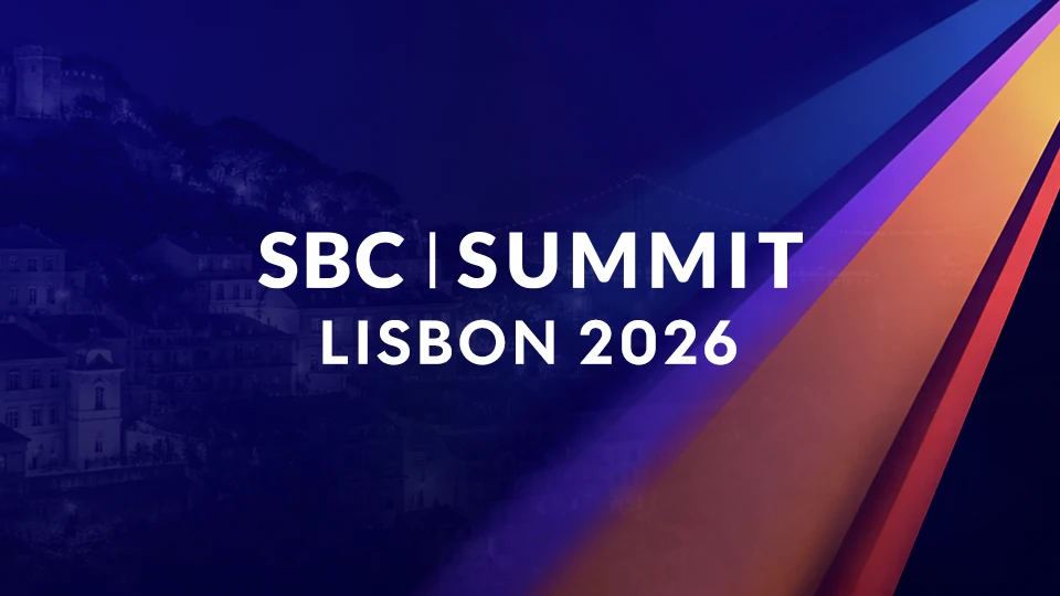 SBC Summit Lisbon 2026 iGaming event banner with blue and orange diagonal graphics